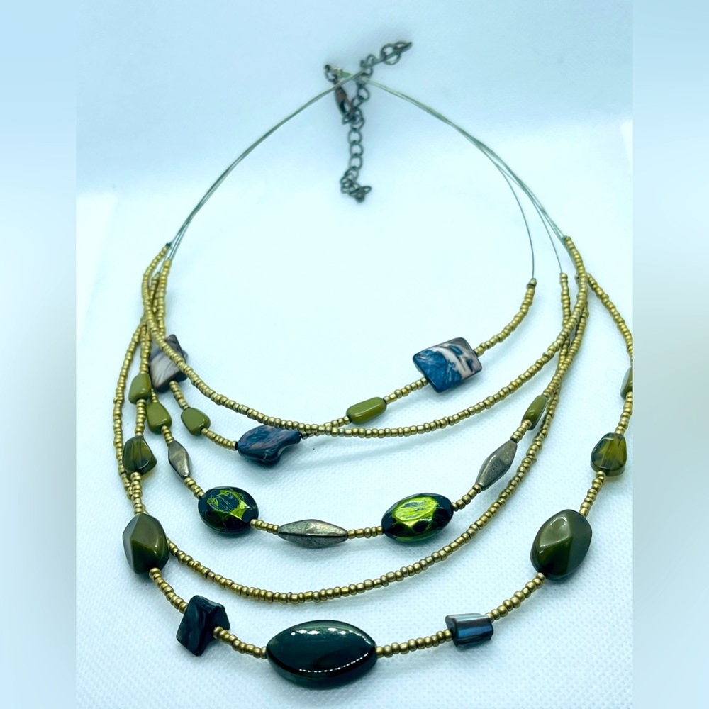 Boho Multi-Strand Beaded Necklace – Olive, Bronze & Mixed Glass Accents